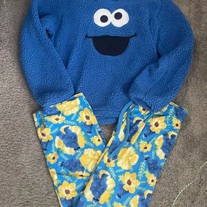 Sesame Street Blue Cookie Monster Fleece Pajama Set with Yellow Floral Print